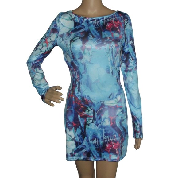 Cape Clique Dress Womens Medium Blue Bodycon Abstract Print Backless Mini sexy - Picture 1 of 8